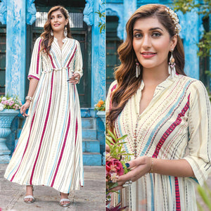 Cream Printed With Sequins Embroidered Rayon Kurti