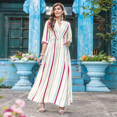 Cream Printed With Sequins Embroidered Rayon Kurti