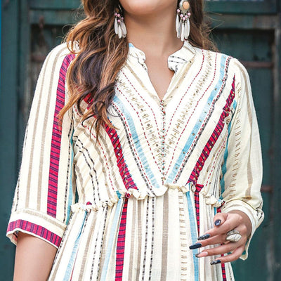 Cream Printed With Sequins Embroidered Rayon Kurti