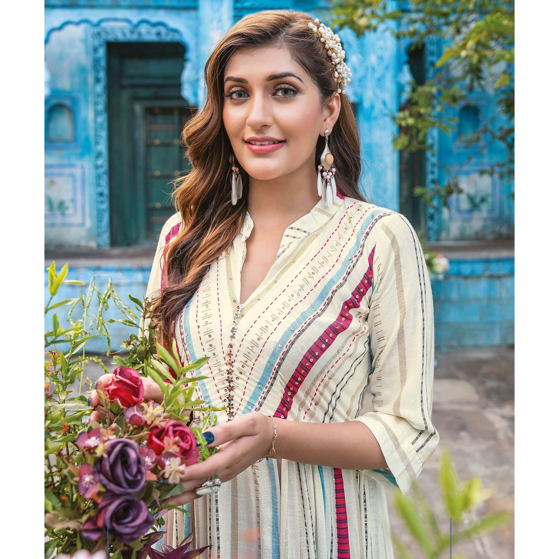 Cream Printed With Sequins Embroidered Rayon Kurti