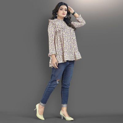 Cream-Purple Casual Wear Floral Printed Lycra Top