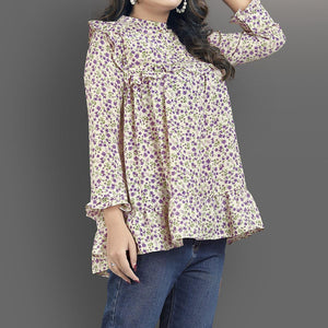 Cream-Purple Casual Wear Floral Printed Lycra Top