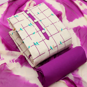Cream - Purple Casual Wear Foil Printed Cotton Dress Material