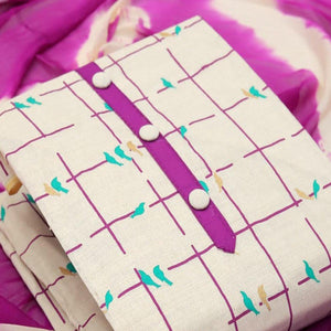 Cream - Purple Casual Wear Foil Printed Cotton Dress Material