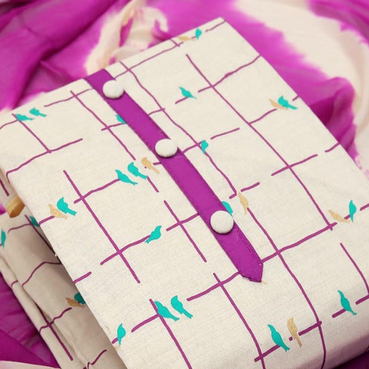 Cream - Purple Casual Wear Foil Printed Cotton Dress Material