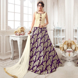 Cream-Purple Embroidered Jacquard Lehenga Choli