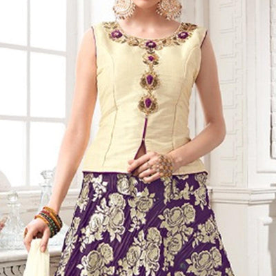 Cream-Purple Embroidered Jacquard Lehenga Choli