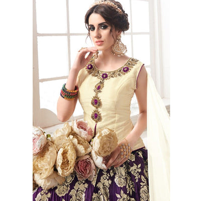 Cream-Purple Embroidered Jacquard Lehenga Choli