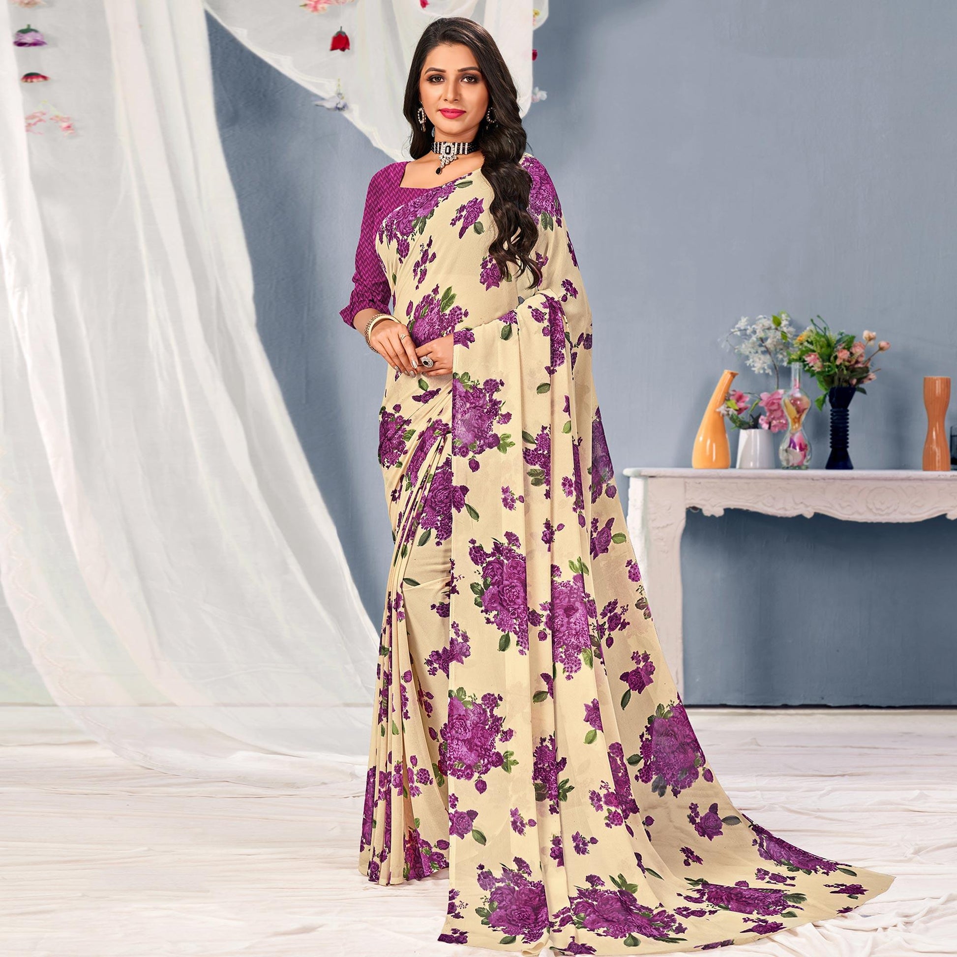 Cream-Purple Floral Printed Georgette Saree