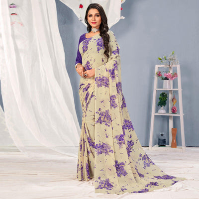 Cream-Purple Floral Printed Georgette Saree