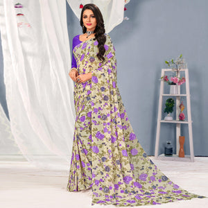 Cream-Purple Floral Printed Georgette Saree