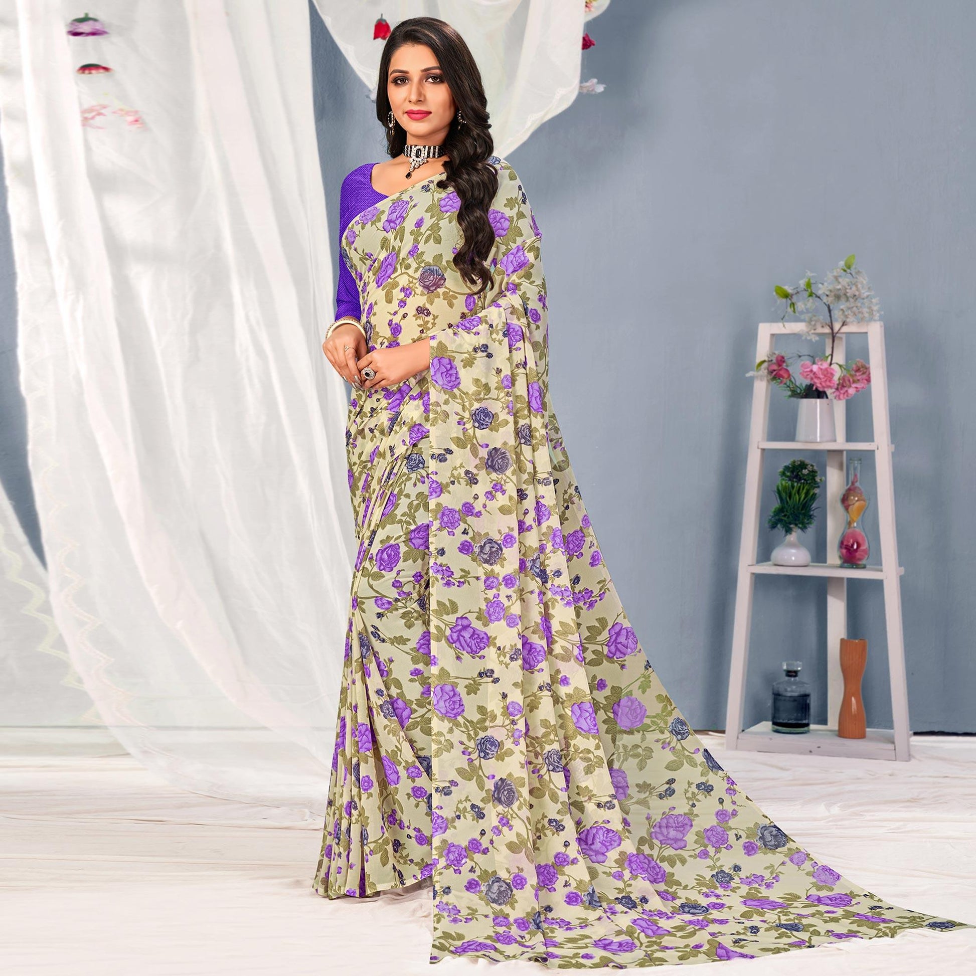 Cream-Purple Floral Printed Georgette Saree
