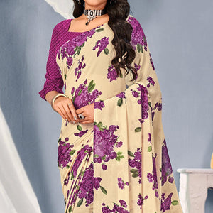 Cream-Purple Floral Printed Georgette Saree