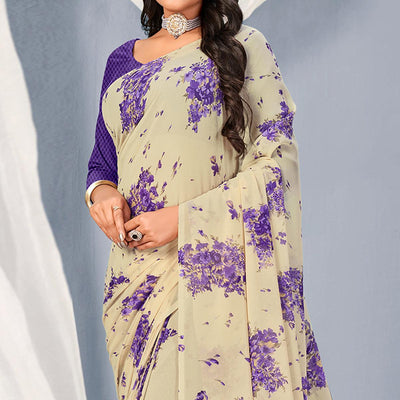 Cream-Purple Floral Printed Georgette Saree