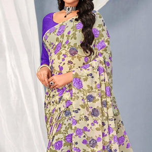 Cream-Purple Floral Printed Georgette Saree