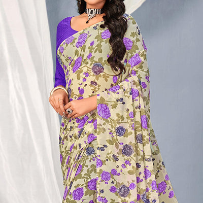 Cream-Purple Floral Printed Georgette Saree