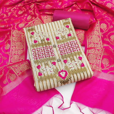 Cream-Rani Pink Embroidered Cotton Blend Dress Material
