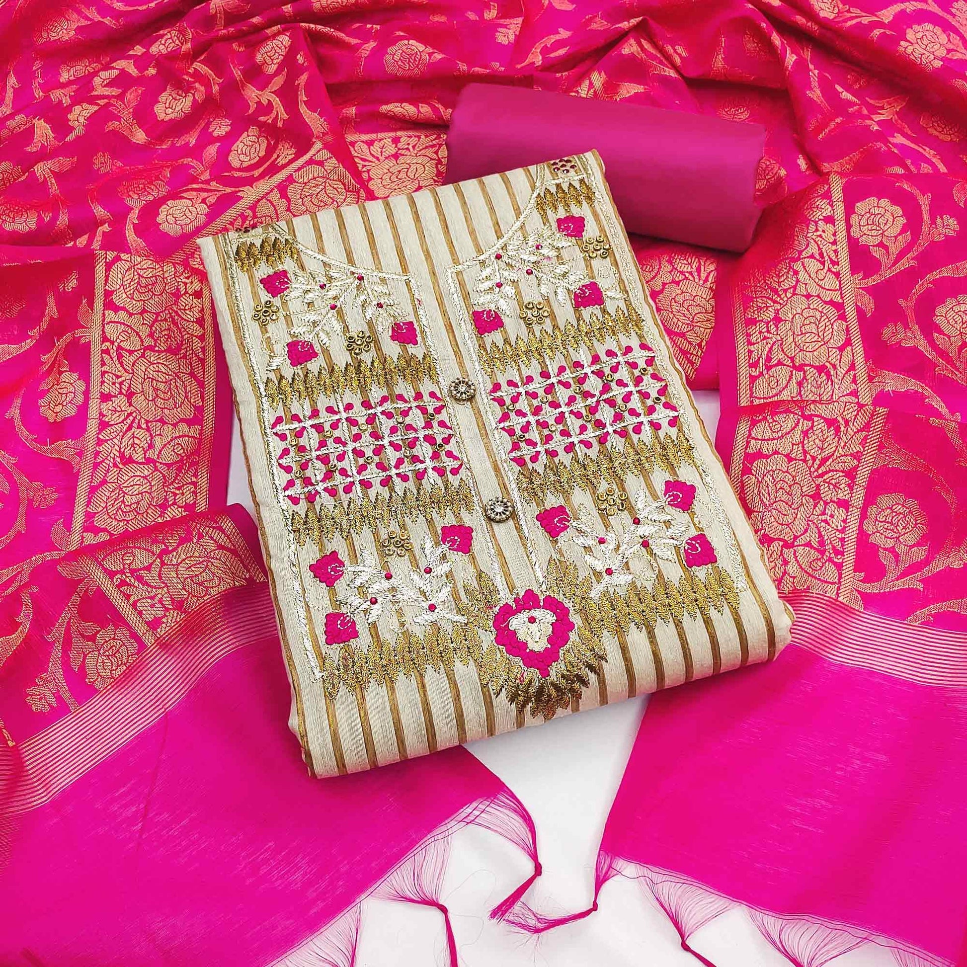 Cream-Rani Pink Embroidered Cotton Blend Dress Material