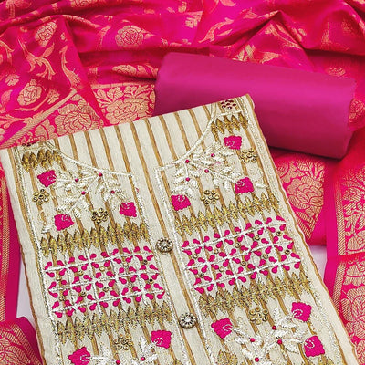 Cream-Rani Pink Embroidered Cotton Blend Dress Material