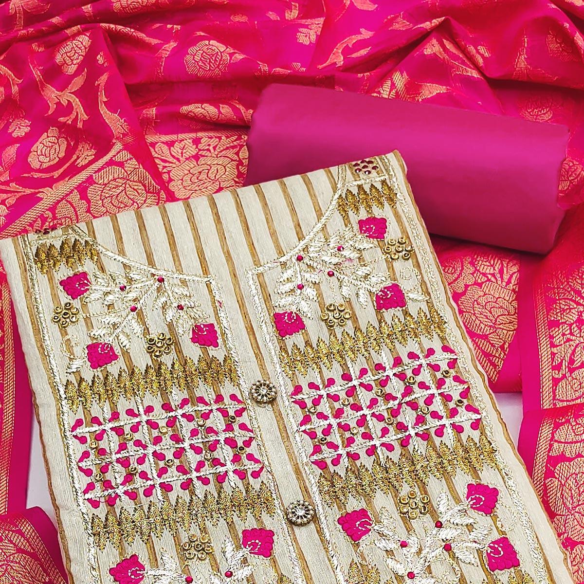 Cream-Rani Pink Embroidered Cotton Blend Dress Material