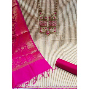 Cream-Rani Pink Embroidered Cotton Blend Dress Material