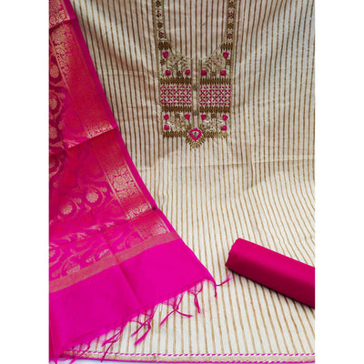 Cream-Rani Pink Embroidered Cotton Blend Dress Material