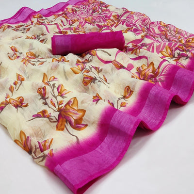 Cream-Rani Pink Printed Linen Saree