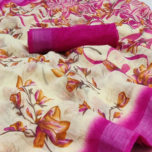 Cream-Rani Pink Printed Linen Saree