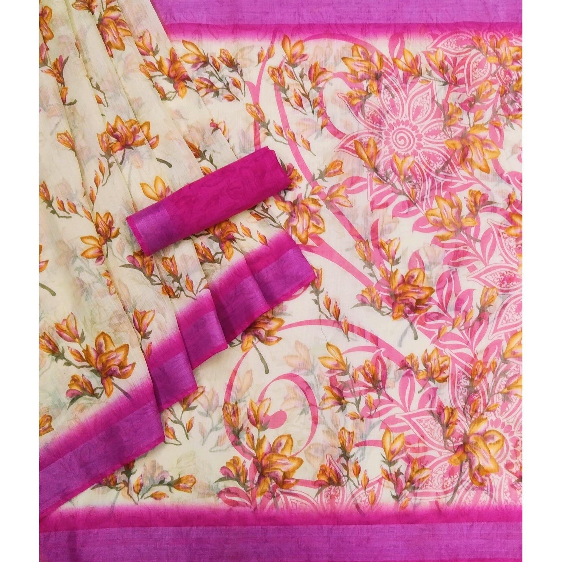 Cream-Rani Pink Printed Linen Saree