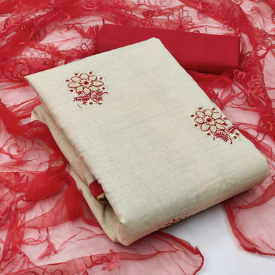 Cream - Red Casual Wear Floral Embroidered Cotton Dress Material