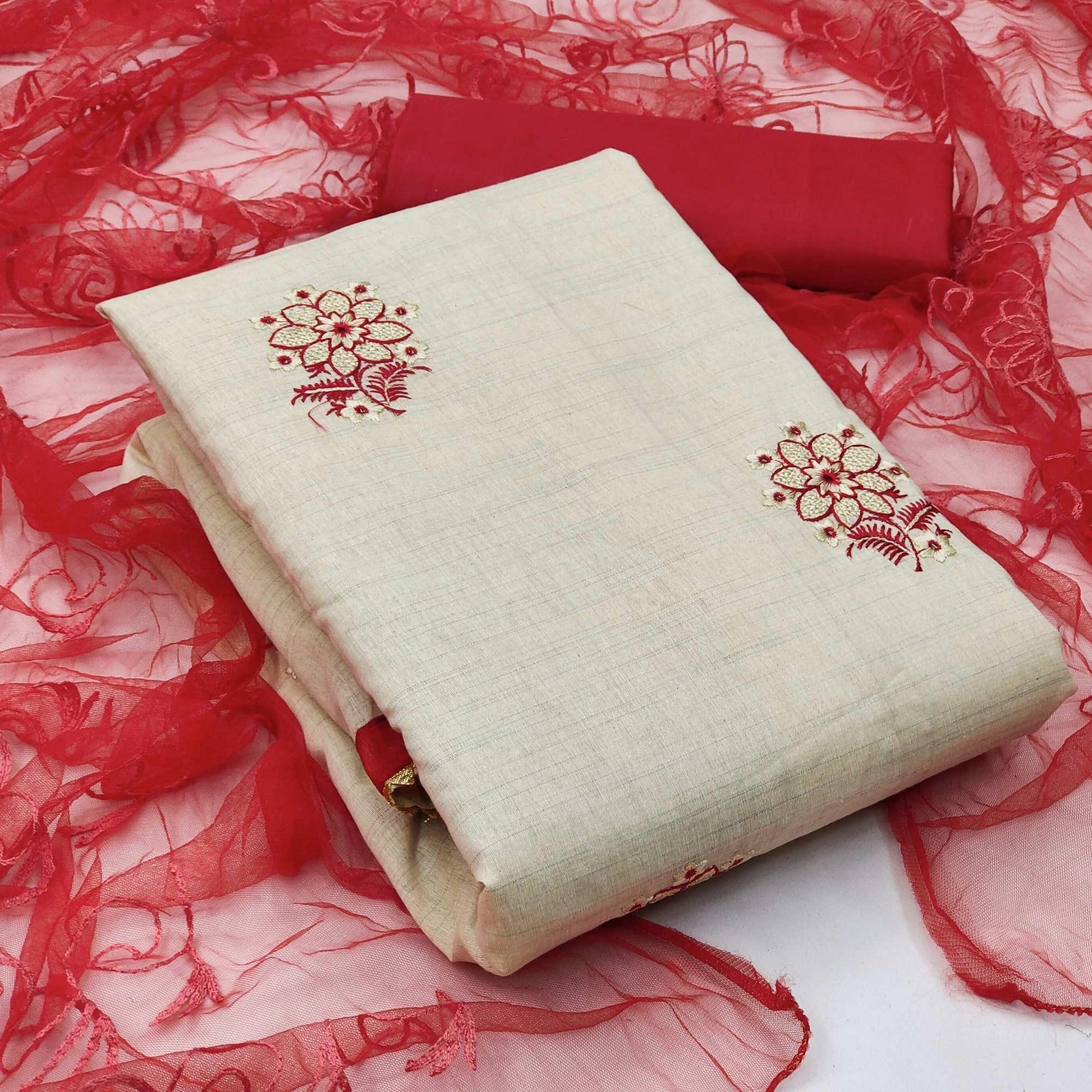 Cream - Red Casual Wear Floral Embroidered Cotton Dress Material