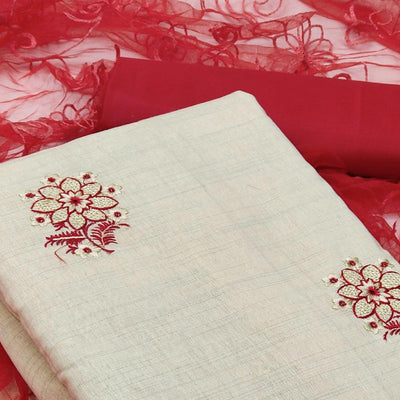 Cream - Red Casual Wear Floral Embroidered Cotton Dress Material