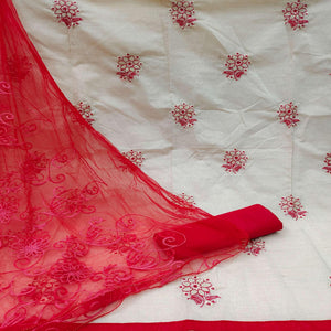 Cream - Red Casual Wear Floral Embroidered Cotton Dress Material