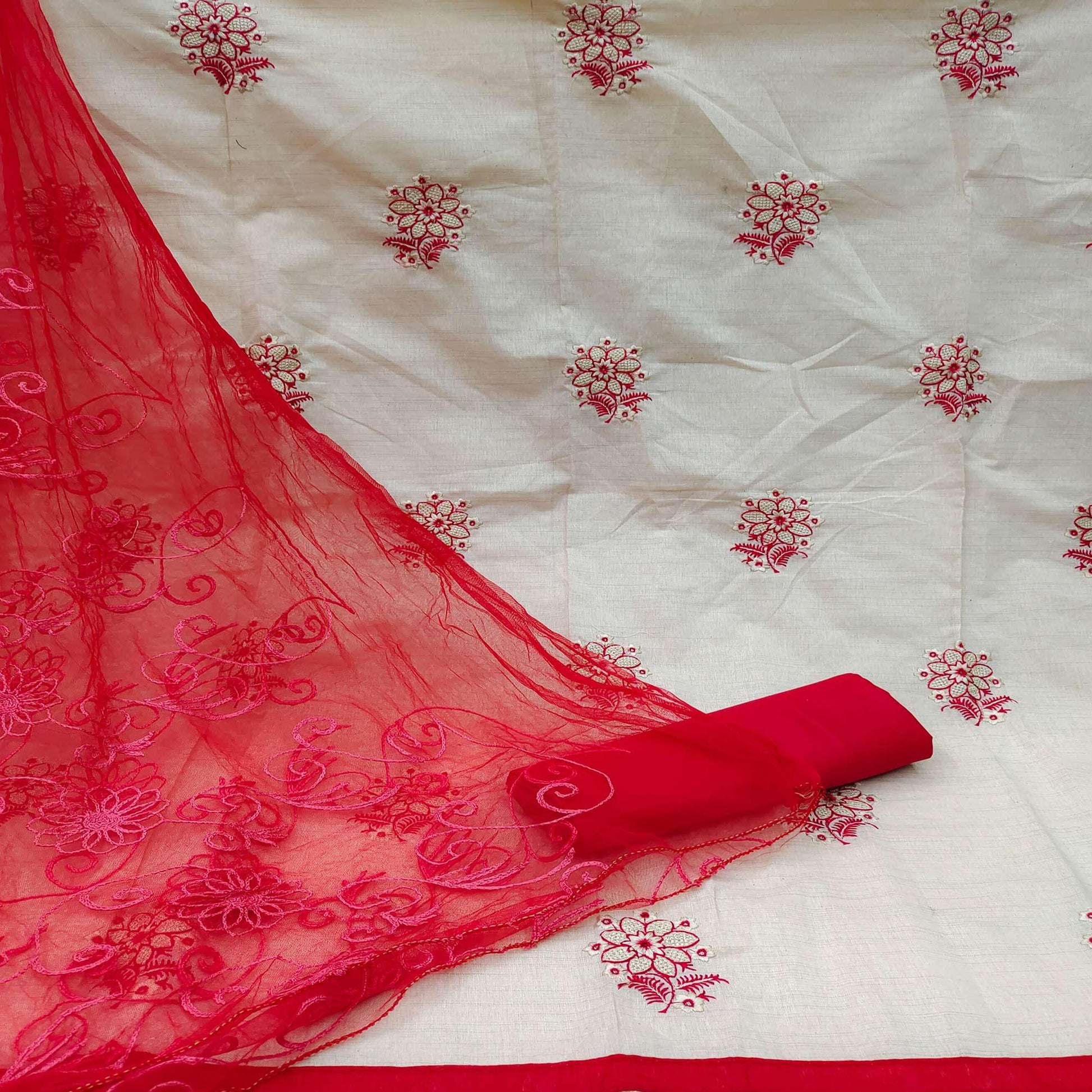 Cream - Red Casual Wear Floral Embroidered Cotton Dress Material