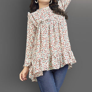 Cream-Red Casual Wear Floral Printed Lycra Top