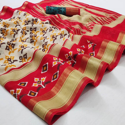 Cream-Red Casual Wear Printed Cotton Saree With Jari Border