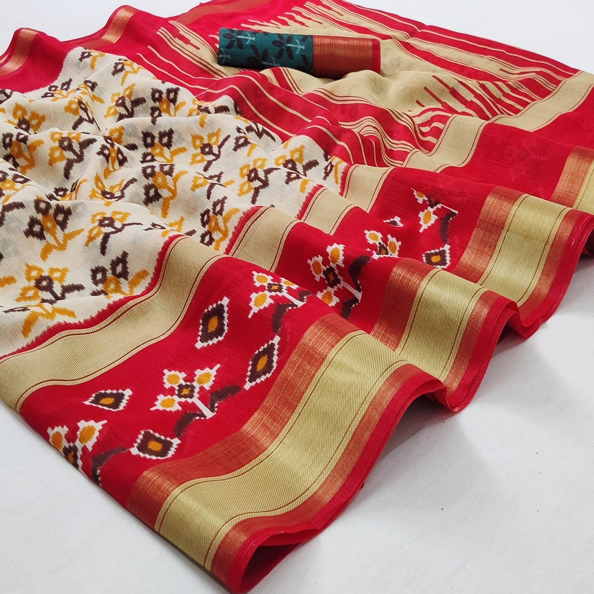 Cream-Red Casual Wear Printed Cotton Saree With Jari Border