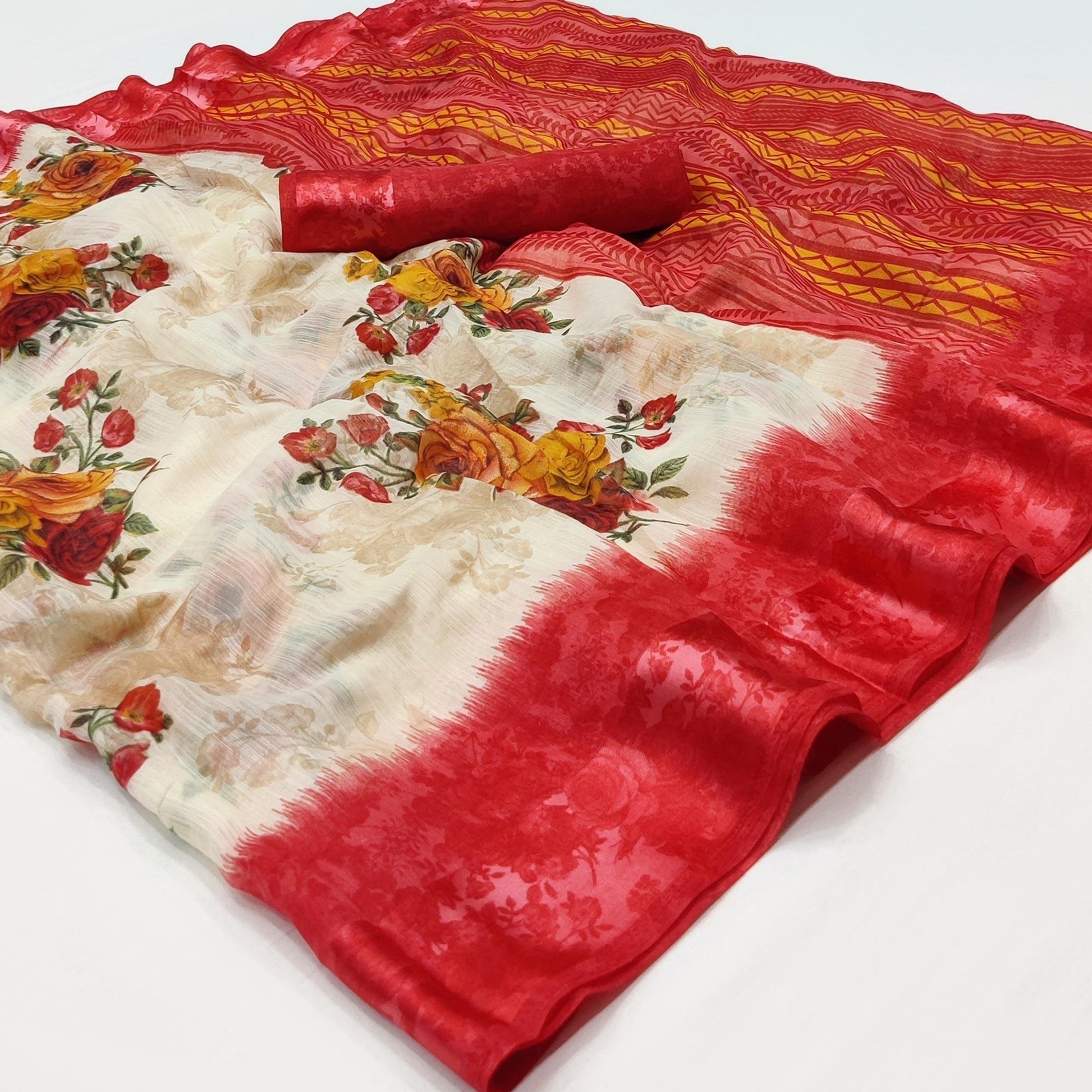 Cream-Red Floral Printed Linen Saree