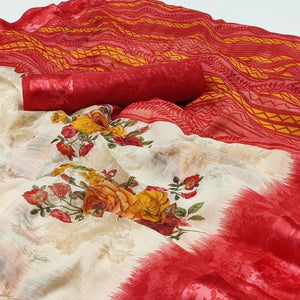 Cream-Red Floral Printed Linen Saree