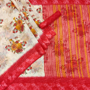 Cream-Red Floral Printed Linen Saree