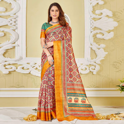 Cream-Red Printed Cotton Saree