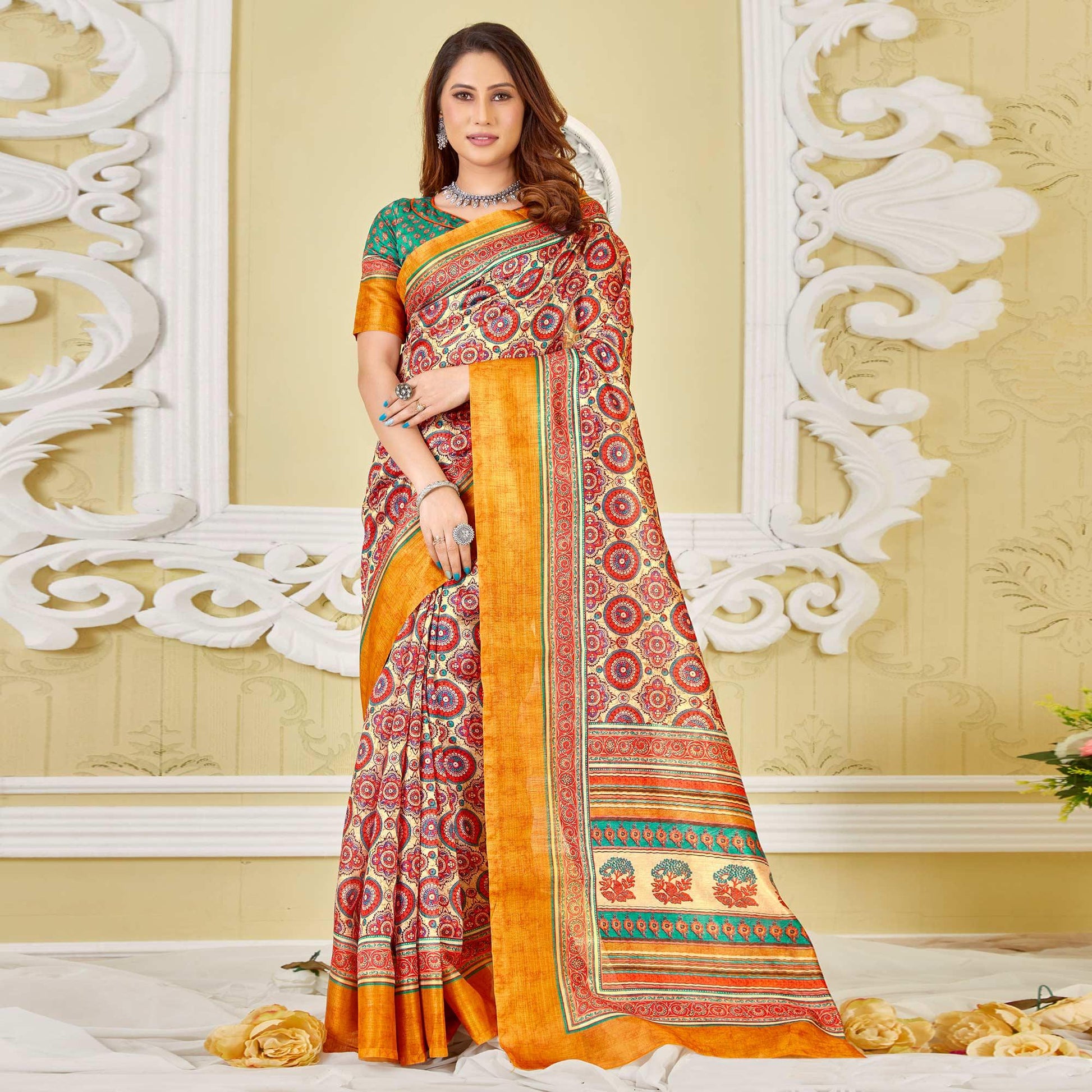 Cream-Red Printed Cotton Saree