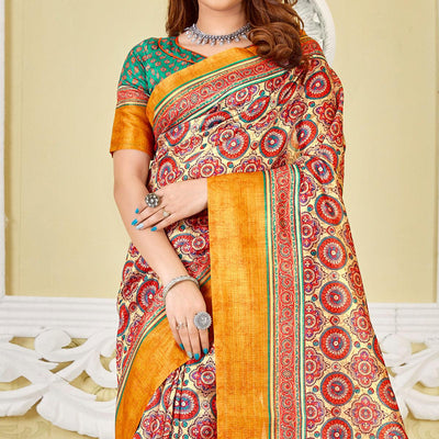 Cream-Red Printed Cotton Saree