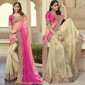 Cream - Rose Pink Party Wear Embroidered Satin Half & Half Saree