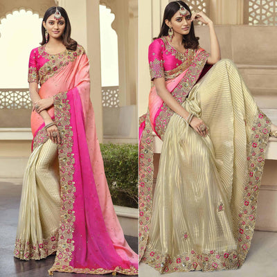 Cream - Rose Pink Party Wear Embroidered Satin Half & Half Saree