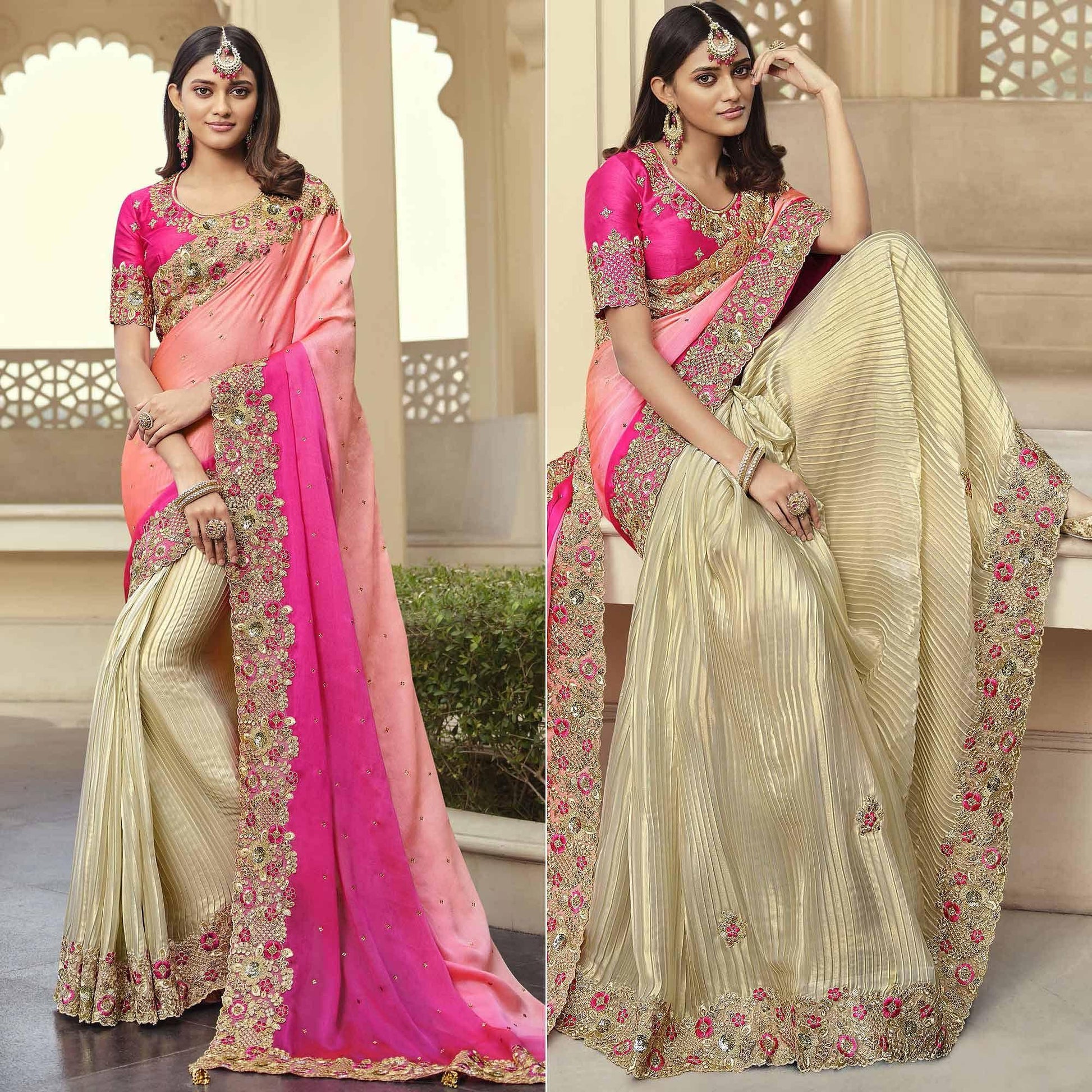 Cream - Rose Pink Party Wear Embroidered Satin Half & Half Saree