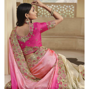 Cream - Rose Pink Party Wear Embroidered Satin Half & Half Saree