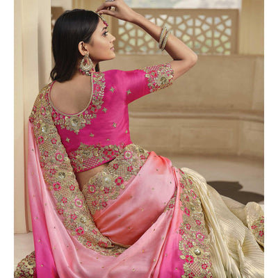 Cream - Rose Pink Party Wear Embroidered Satin Half & Half Saree