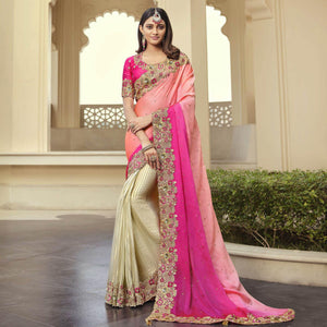 Cream - Rose Pink Party Wear Embroidered Satin Half & Half Saree