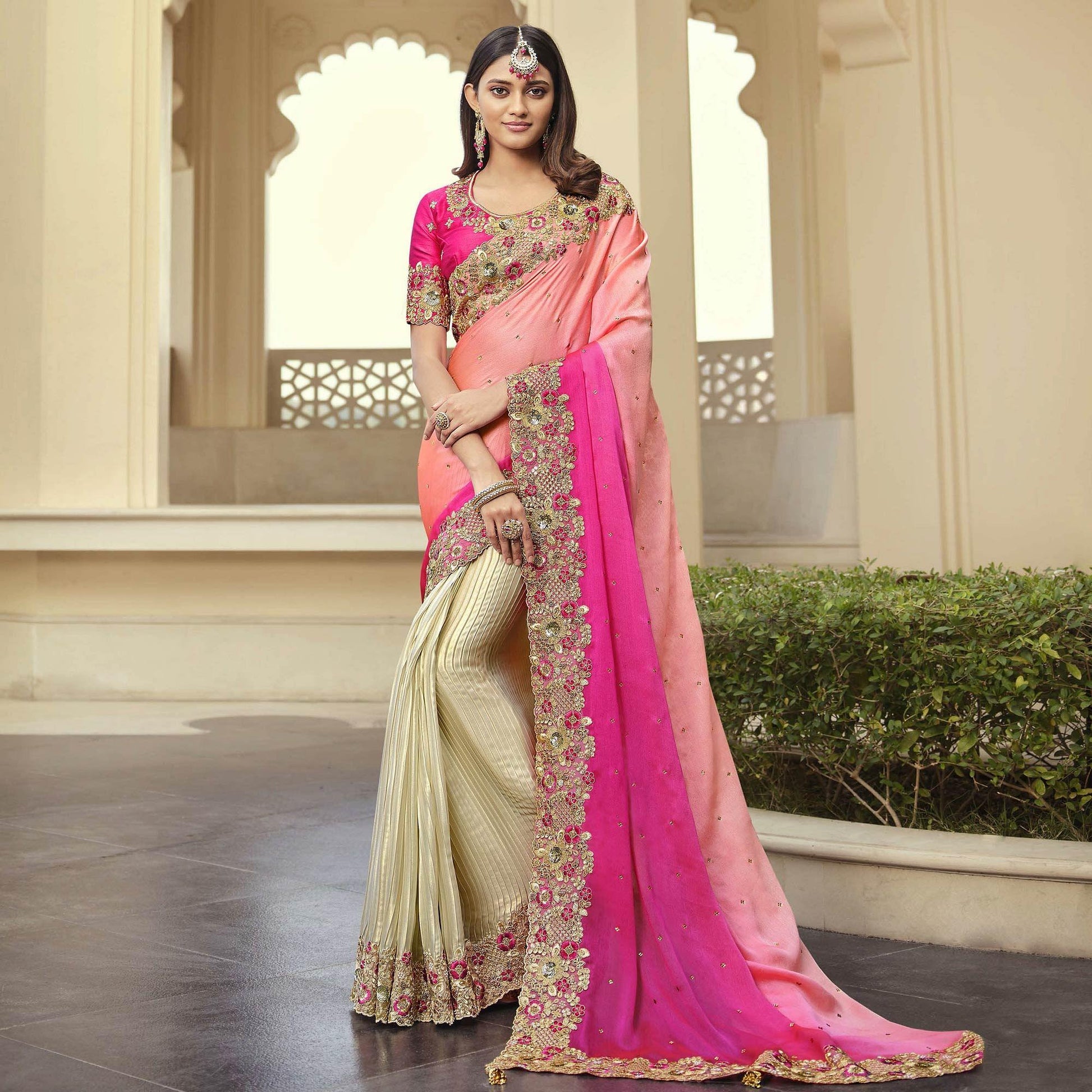 Cream - Rose Pink Party Wear Embroidered Satin Half & Half Saree